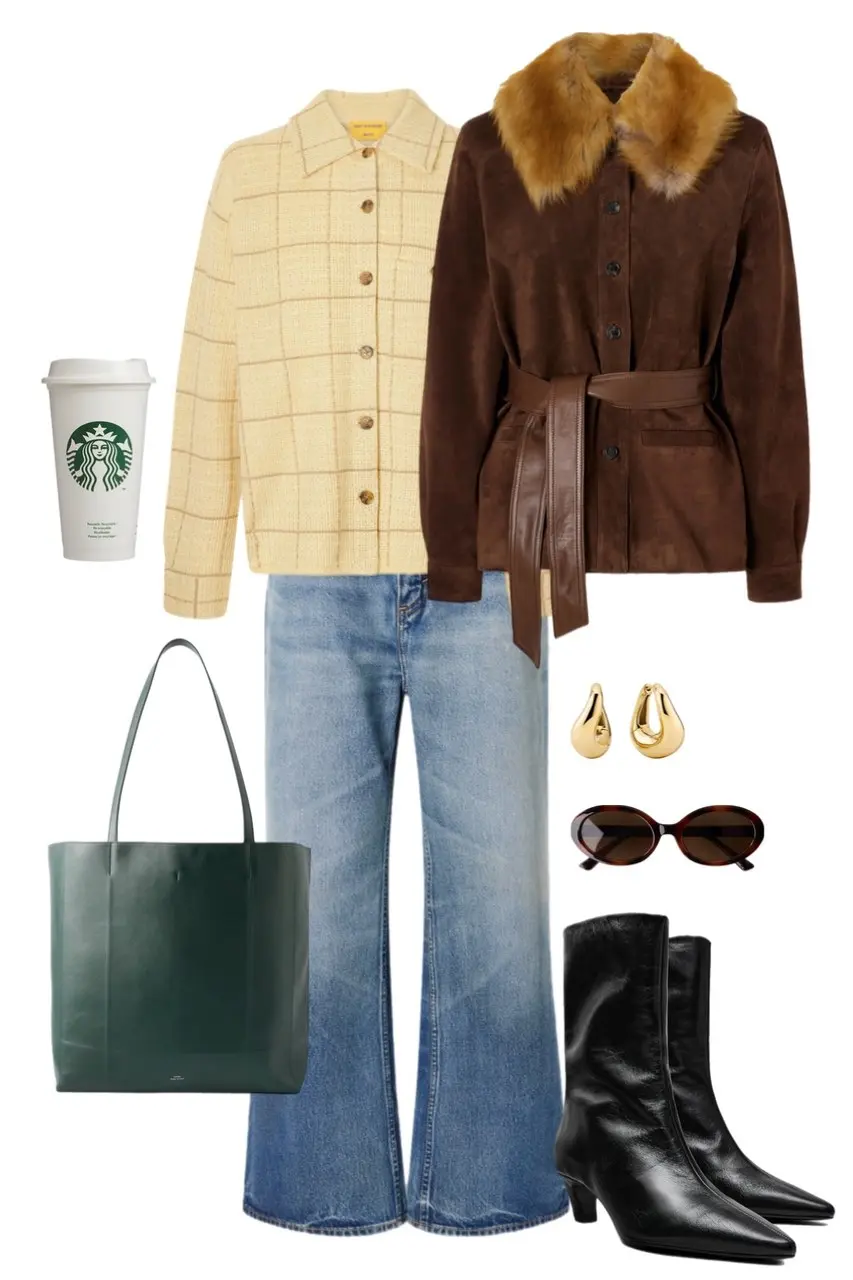 cream windowpane check shirt-jacket dark brown belted suede jacket with fur collar wide-leg light wash jeans black pointed kitten-heel ankle boots forest green leather tote bag gold teardrop earrings tortoiseshell oval sunglasses outfit 8