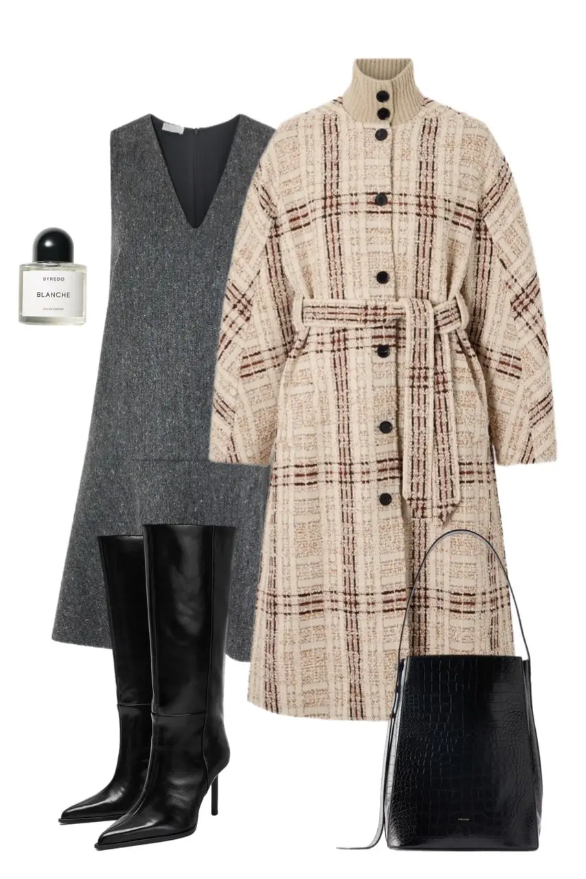 cream brown boucle plaid belted coat with ribbed turtleneck collar grey sleeveless wool shift dress black pointed stiletto knee-high boots black croc-effect leather tote bag Byredo Blanche perfume outfit 10