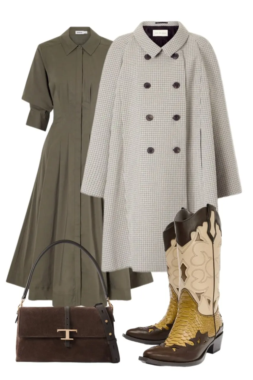olive cotton midi shirt dress cream black micro-houndstooth double-breasted cape coat yellow cream snakeskin cowboy boots brown suede structured shoulder bag outfit 13