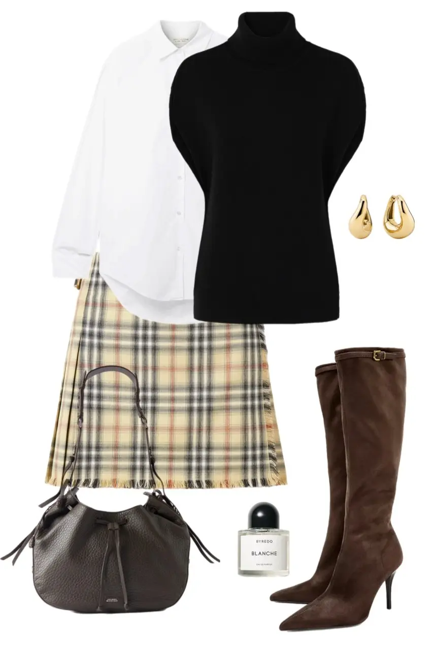 white poplin button-down shirt black sleeveless turtleneck knit vest Burberry plaid fringe kilt mini skirt dark brown suede stiletto knee-high boots dark chocolate drawstring leather bag gold teardrop earrings Byredo Blanche perfume outfit 14
