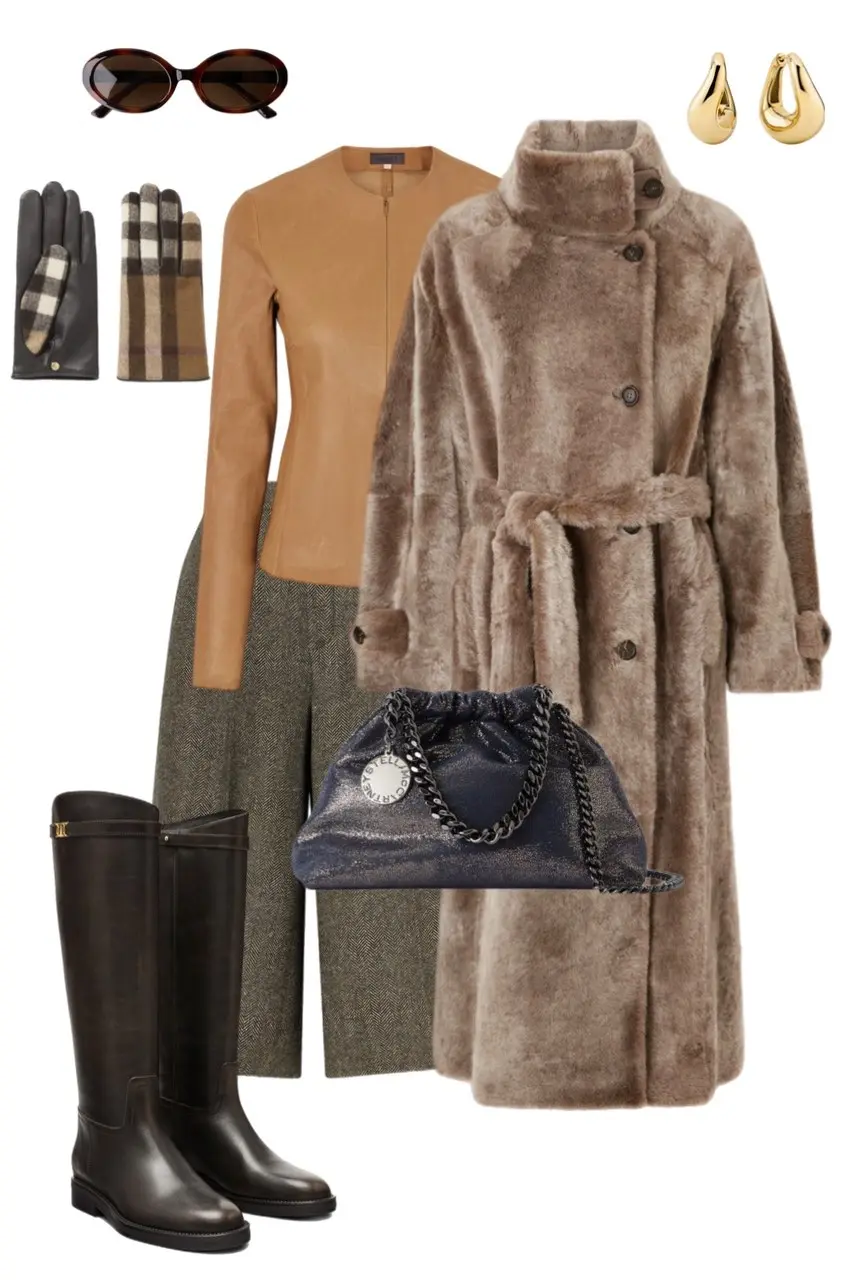 camel sleeveless leather zip-up top grey herringbone wide-leg culottes stone faux fur belted coat dark chocolate leather tall riding boots navy chain drawstring pouch bag leather plaid gloves gold teardrop earrings tortoiseshell oval sunglasses outfit 16