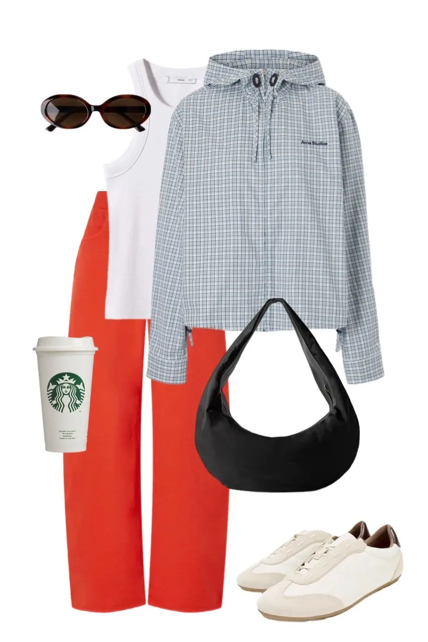 white muscle tank top tomato red wide-leg trousers pale blue micro-check hooded anorak jacket cream leather low-profile sneakers black nylon crescent shoulder bag tortoiseshell oval sunglasses Starbucks coffee cup outfit 17