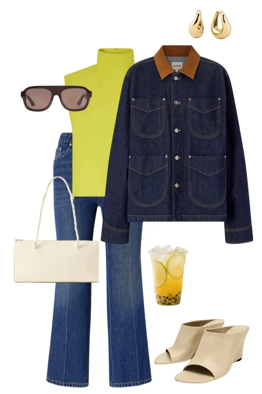 neon yellow turtleneck top dark indigo denim chore coat with suede collar flare jeans cream wedge mules white tote bag gold hoop earrings dark aviator sunglasses outfit 1