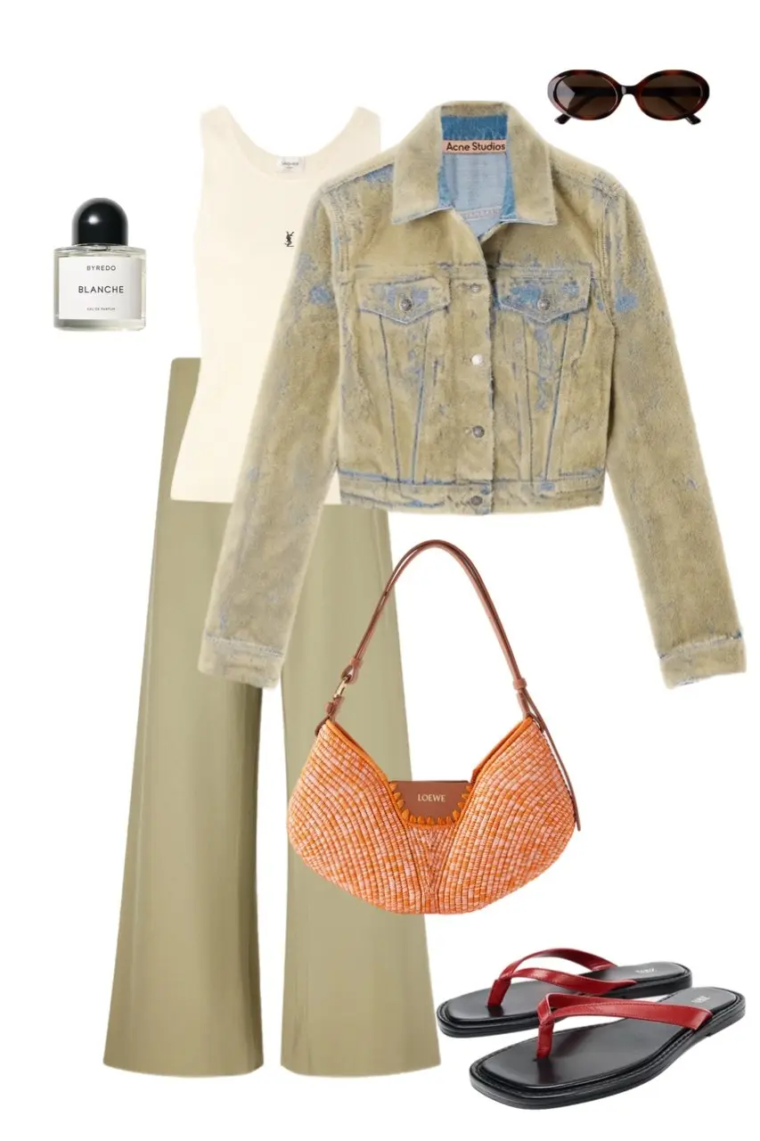acid wash sandy distressed denim jacket cream tank top wide leg khaki trousers orange raffia shoulder bag red leather flip flops tortoise oval sunglasses outfit 2