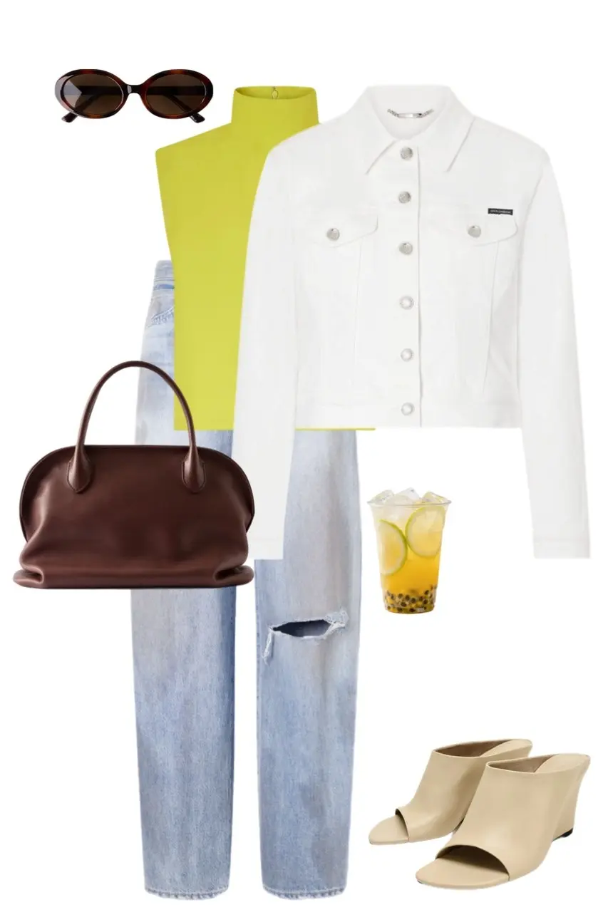 white denim jacket neon lime asymmetric turtleneck top light wash distressed straight leg jeans chocolate brown leather dome bag cream wedge mules tortoiseshell oval sunglasses outfit 4