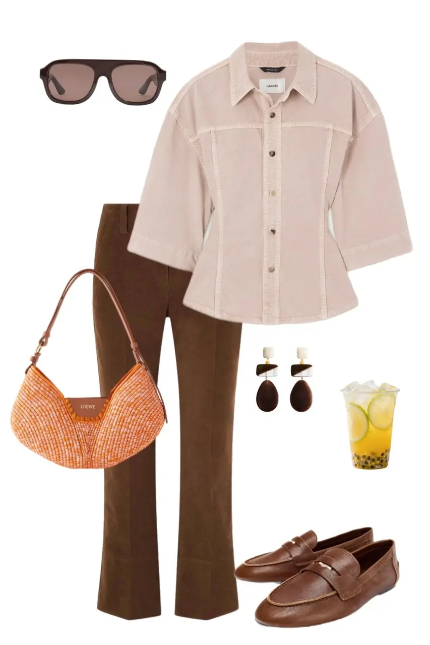 blush pink fitted denim shirt jacket chocolate brown flare trousers orange raffia Loewe bag tan penny loafers geometric resin drop earrings dark aviator sunglasses outfit 5