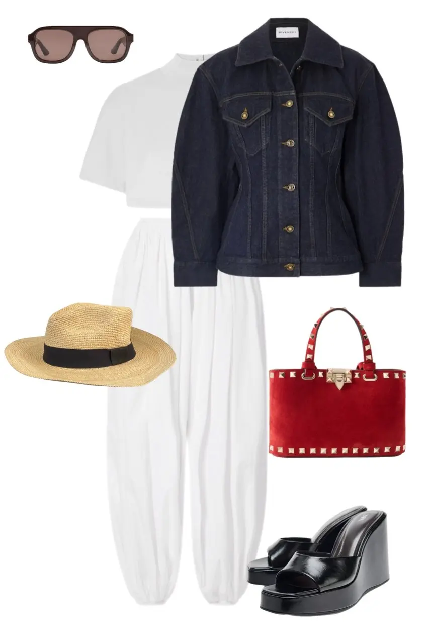 dark indigo Givenchy denim jacket white fitted tee white harem trousers red Valentino Rockstud suede tote bag straw panama hat black platform wedge mules dark aviator sunglasses outfit 7