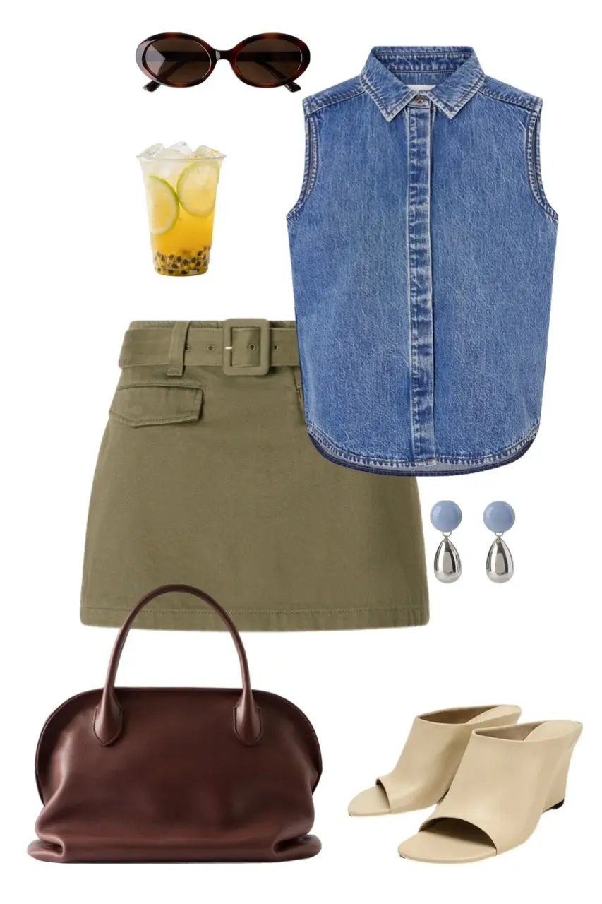 sleeveless blue denim shirt olive belted cargo mini skirt dark oxblood brown leather dome bag cream wedge mules mixed blue silver drop earrings tortoiseshell oval sunglasses outfit 8