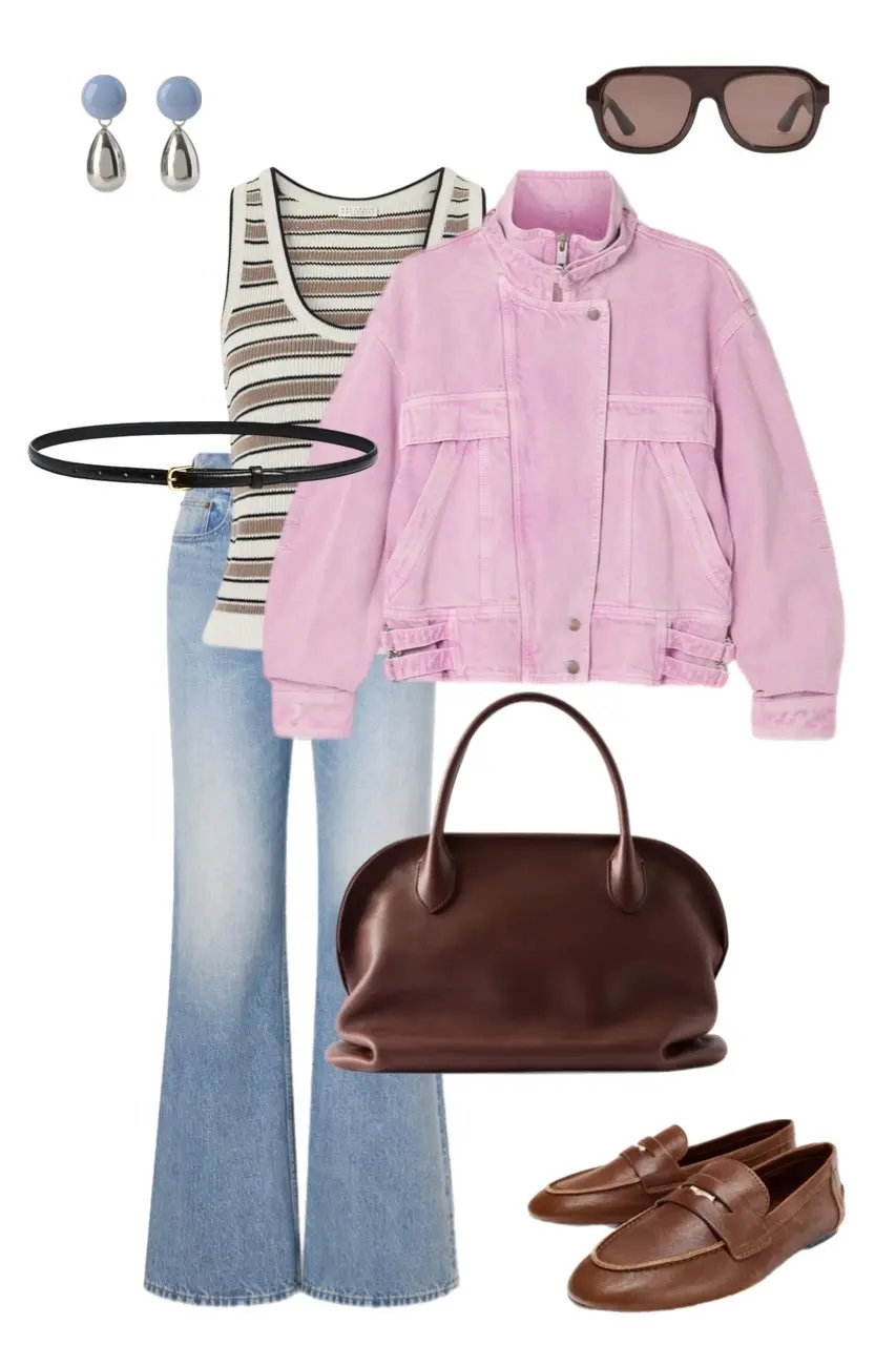 acid pink denim bomber jacket striped ribbed tank top light wash flare jeans dark oxblood brown leather dome bag tan penny loafers thin black belt blue silver drop earrings dark square sunglasses outfit 10