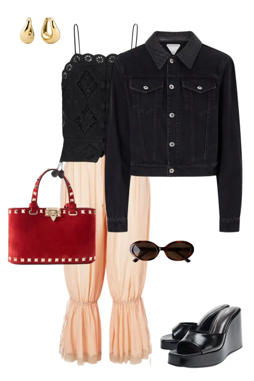 black Bottega Veneta denim jacket woven collar black lace cami blush tulle wide leg trousers red Valentino Rockstud suede tote black platform wedge mules gold teardrop hoop earrings tortoiseshell oval sunglasses outfit 11