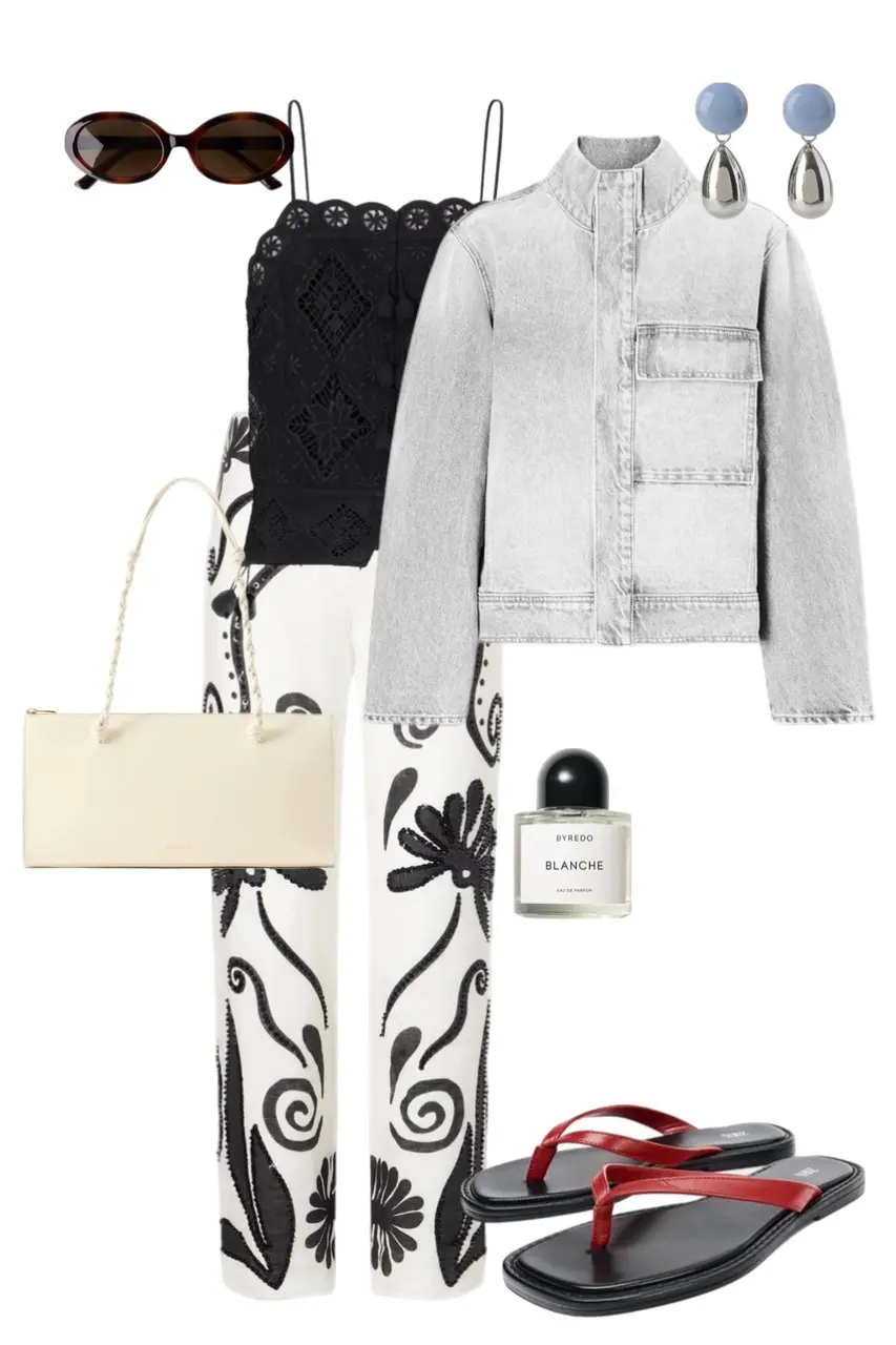 pale grey collarless denim jacket black lace cami top white wide leg trousers black floral embroidery cream rectangular tote red leather flip flops blue silver drop earrings tortoiseshell oval sunglasses Byredo Blanche perfume outfit 13
