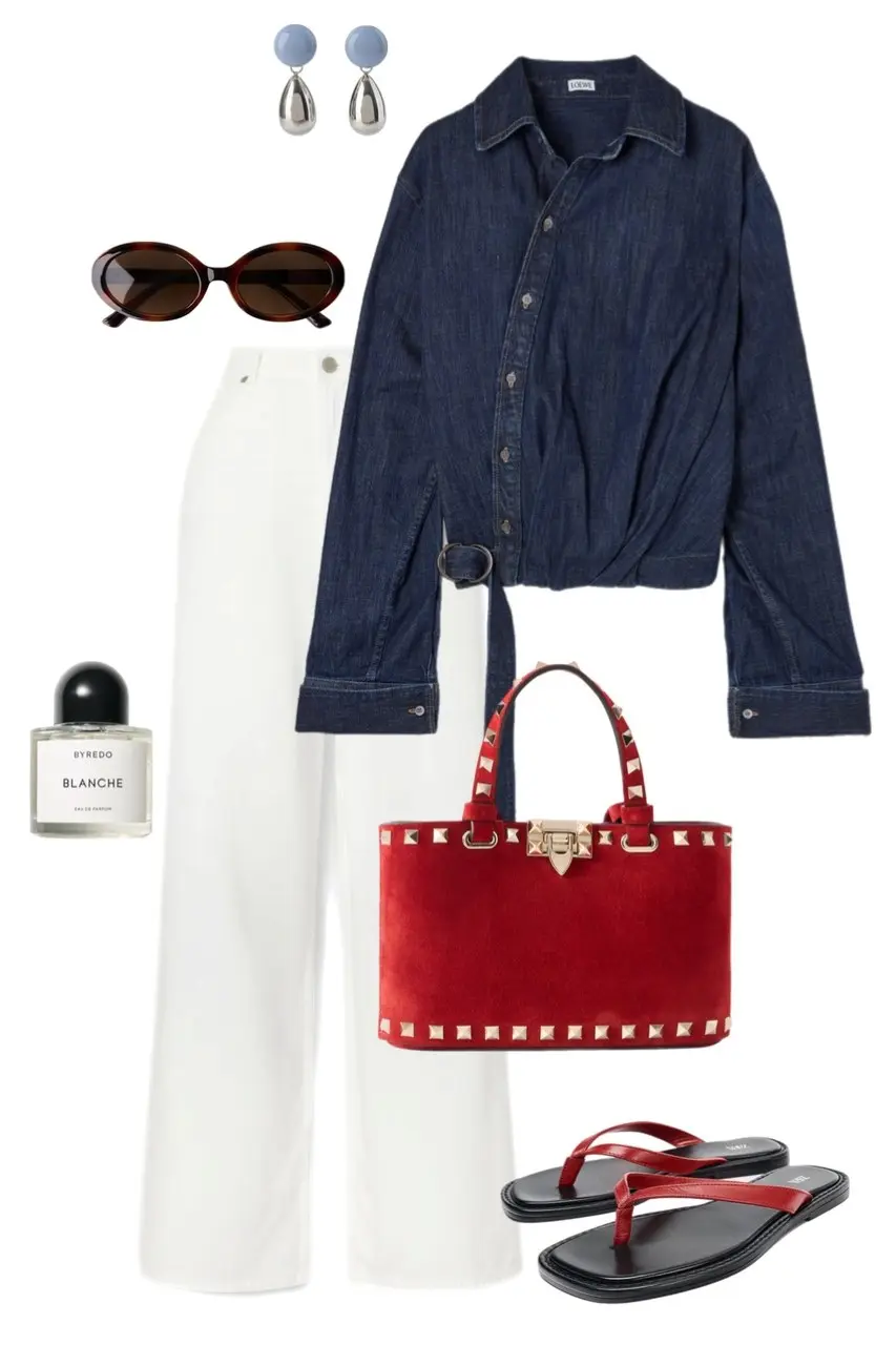dark indigo Loewe denim shirt knotted at waist white wide leg jeans red Valentino Rockstud suede tote red leather flip flops blue silver drop earrings tortoiseshell oval sunglasses Byredo Blanche perfume outfit 14