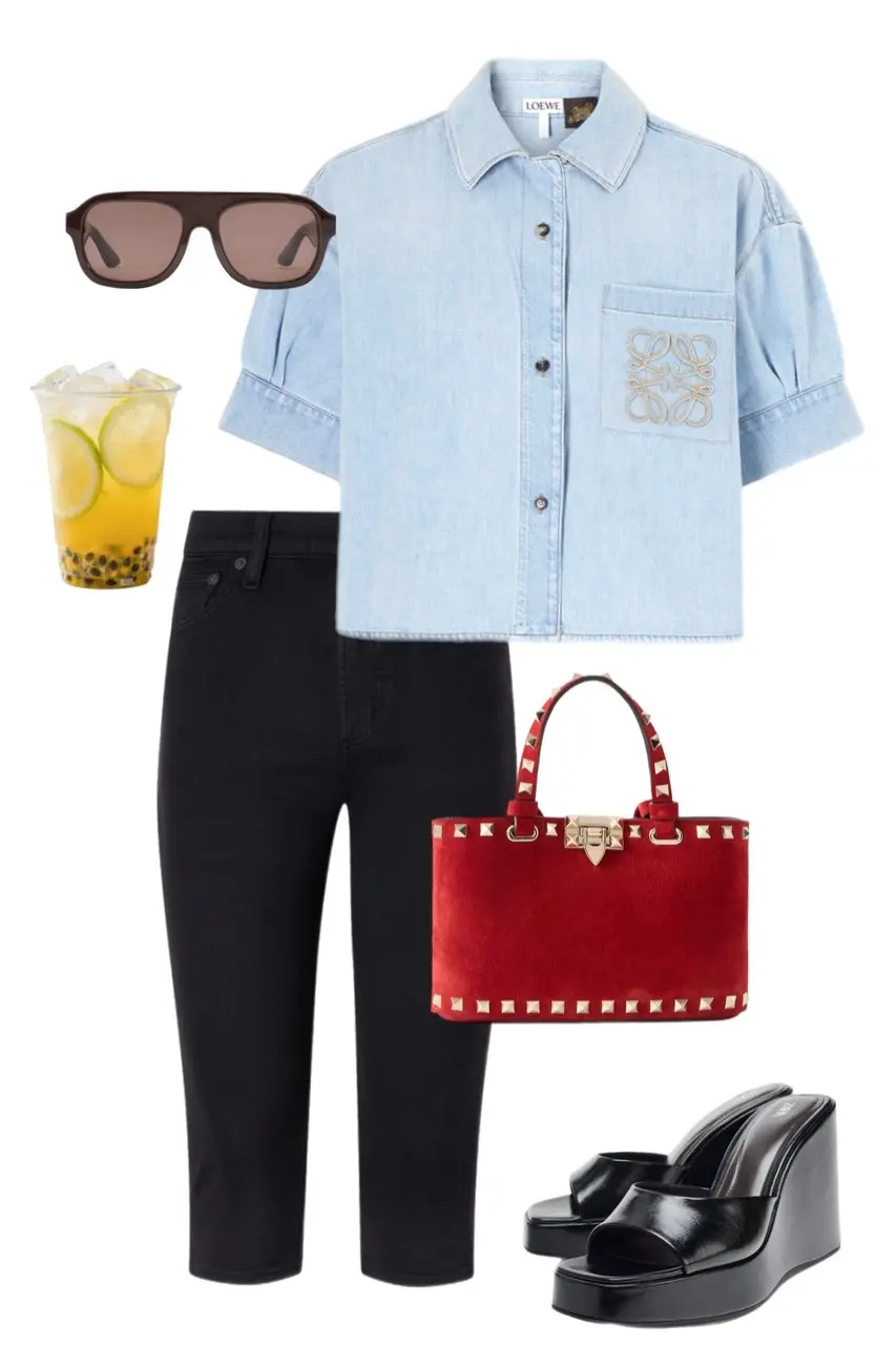 light blue Loewe cropped denim shirt embroidered pocket straight black cropped jeans red Valentino Rockstud suede tote black platform wedge mules dark square aviator sunglasses outfit 17