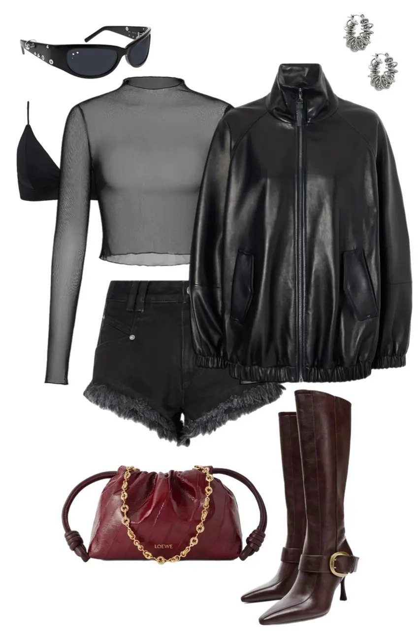 black mesh long sleeve crop top black bralette leather bomber jacket black micro shorts dark brown knee-high buckle boots burgundy Loewe chain bag silver hoop earrings shield sunglasses rock concert outfit 1