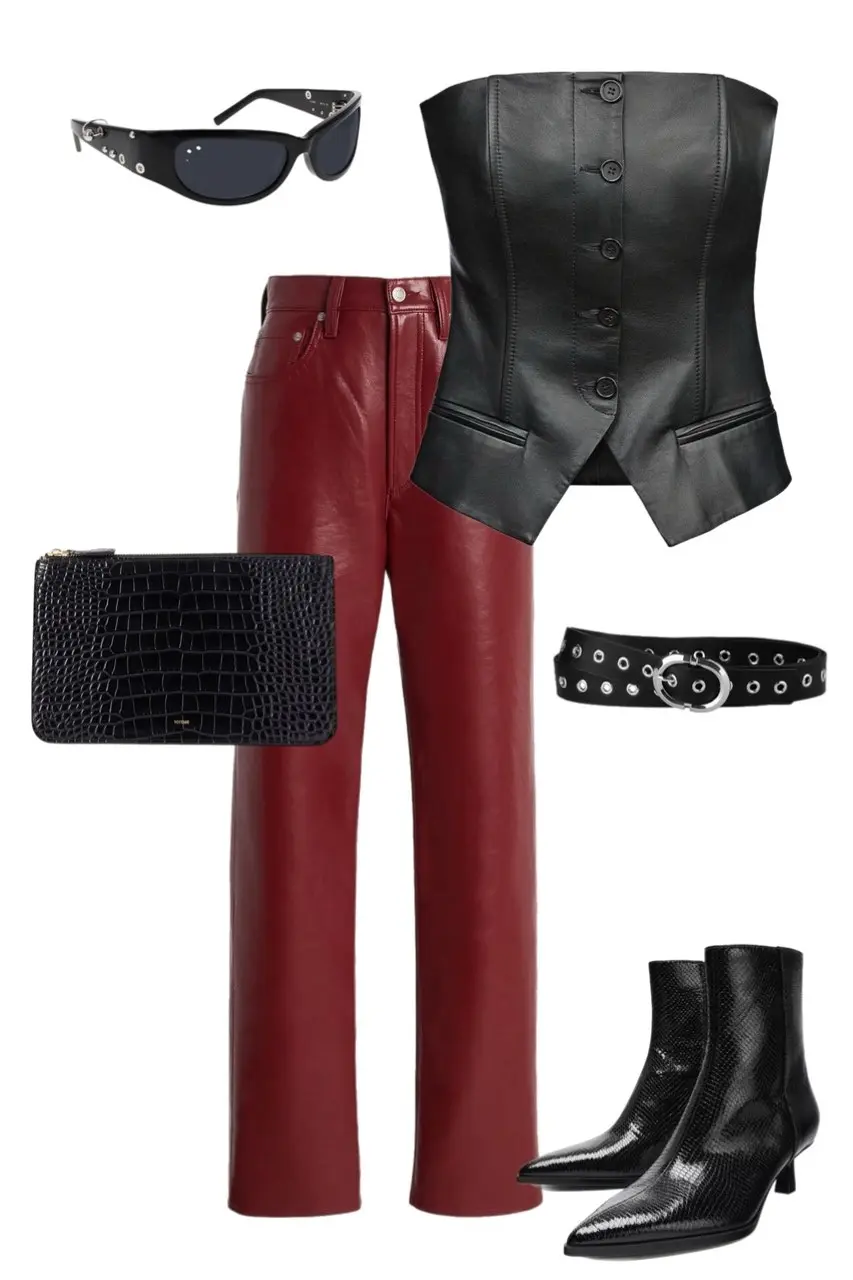 black leather strapless waistcoat top burgundy red leather straight trousers black grommet belt black croc clutch black textured ankle boots shield sunglasses rock concert outfit 2