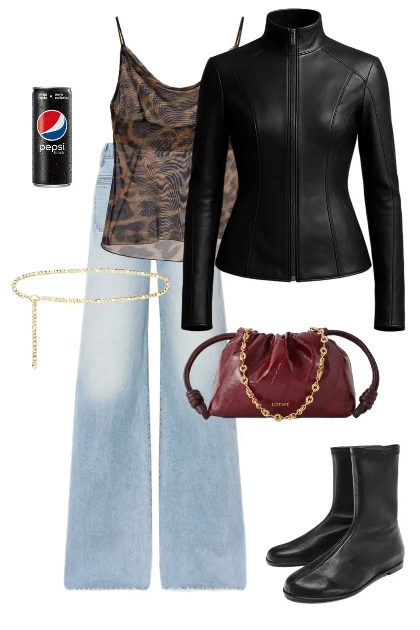leopard mesh cowl cami fitted black leather zip jacket pale wide-leg jeans gold chain belt Loewe burgundy bag black flat zip boots Pepsi can prop rap concert outfit 4
