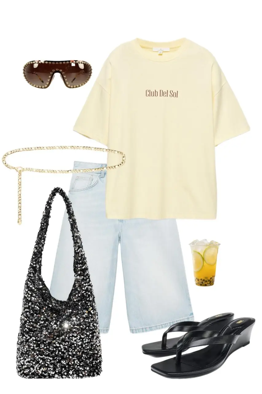 pale yellow Club Del Sol oversized graphic tee light wash bermuda denim shorts black sequin hobo bag gold chain belt wedge thong sandals tortoiseshell shield sunglasses pop concert outfit 5