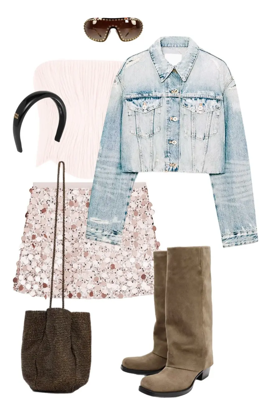 pale pink pleated tube top light wash distressed denim jacket pale pink large paillette sequin mini skirt tall khaki suede boots dark woven tote bag black Miu Miu headband tortoiseshell studded sunglasses pop concert outfit 7