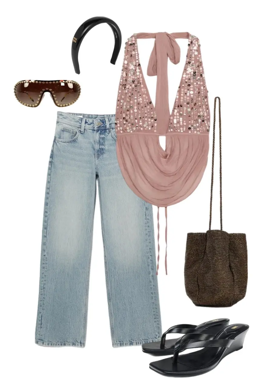 rose pink sequin halter top with draped chiffon pale wide-leg jeans black woven bucket bag Miu Miu headband tortoiseshell studded sunglasses black wedge thong sandals pop concert outfit 8