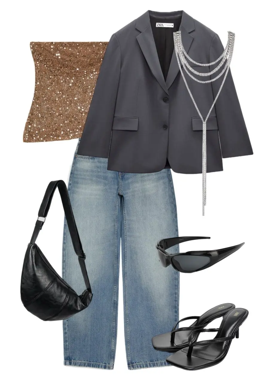 bronze sequin strapless tube top slate grey oversized blazer wide-leg medium-wash jeans crystal drape necklace black leather crescent bag shield sunglasses black heeled wrap thong sandals rap concert outfit 10