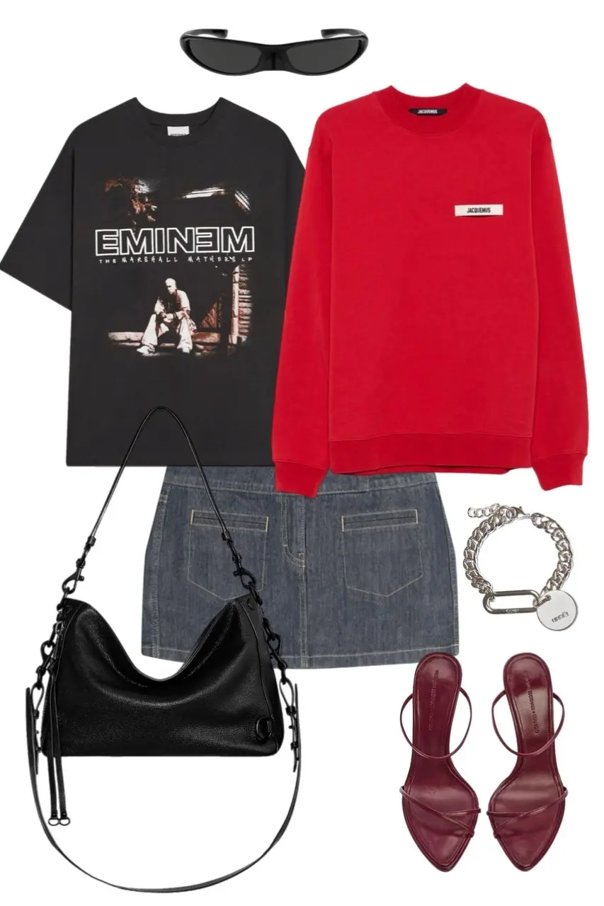 oversized Eminem graphic tee red Jacquemus sweatshirt denim mini skirt black structured shoulder bag chunky silver chain bracelet shield sunglasses burgundy strappy kitten-heel sandals rap concert outfit 11