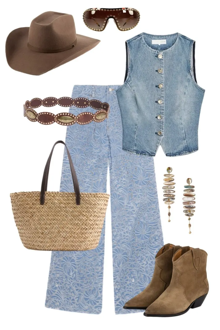 light-wash floral jacquard wide-leg trousers light-wash denim jewel-button vest tan suede cowboy ankle boots large woven straw tote brown felt western hat tortoiseshell studded sunglasses mixed-stone drop earrings studded western belt country concert outfit 13