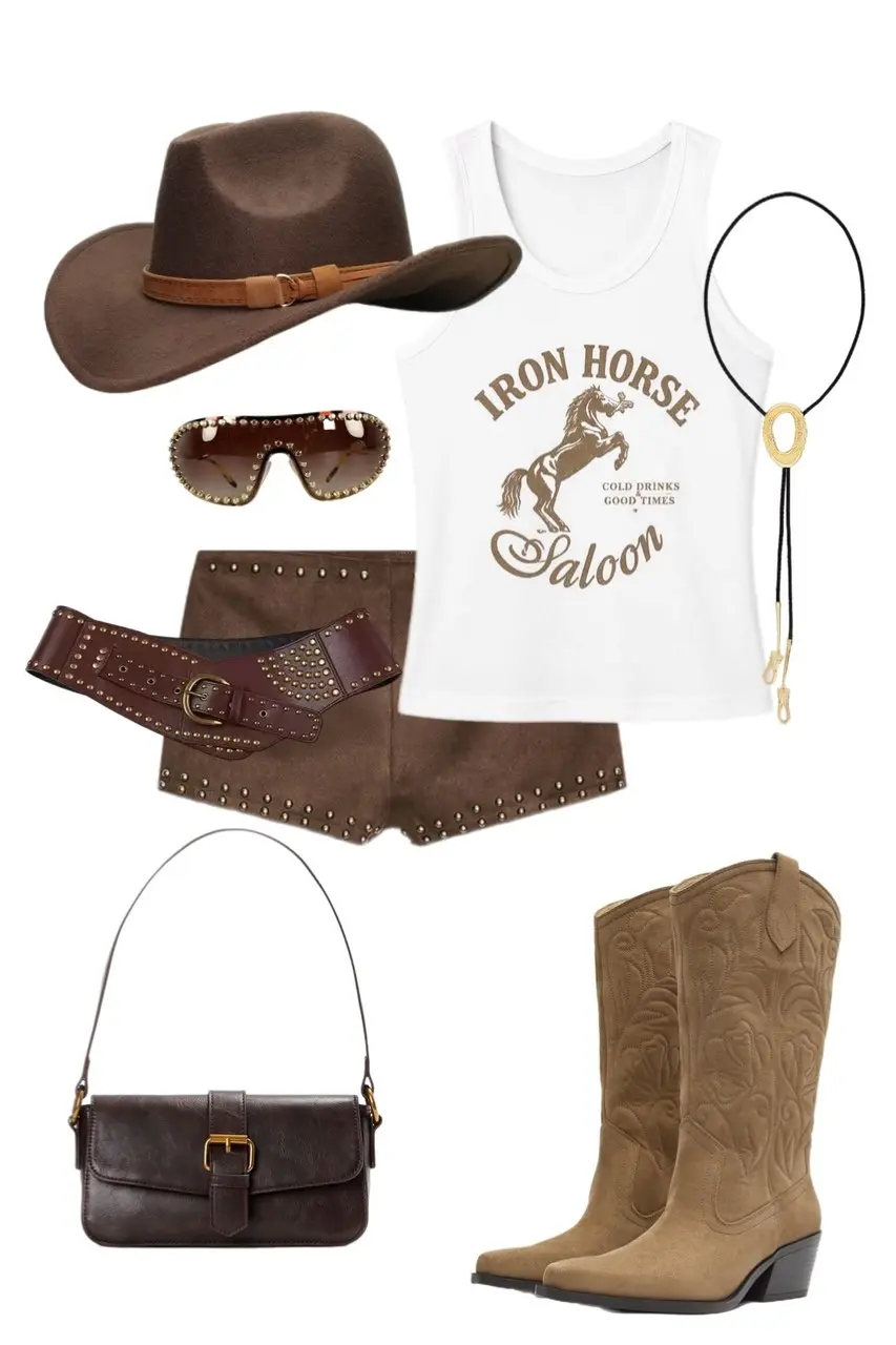 brown studded suede micro shorts white Iron Horse Saloon graphic tank tall tan embroidered cowboy boots wide studded dark leather belt brown leather shoulder bag bolo necklace gold pendant tortoiseshell studded sunglasses brown felt cowboy hat country concert outfit 14