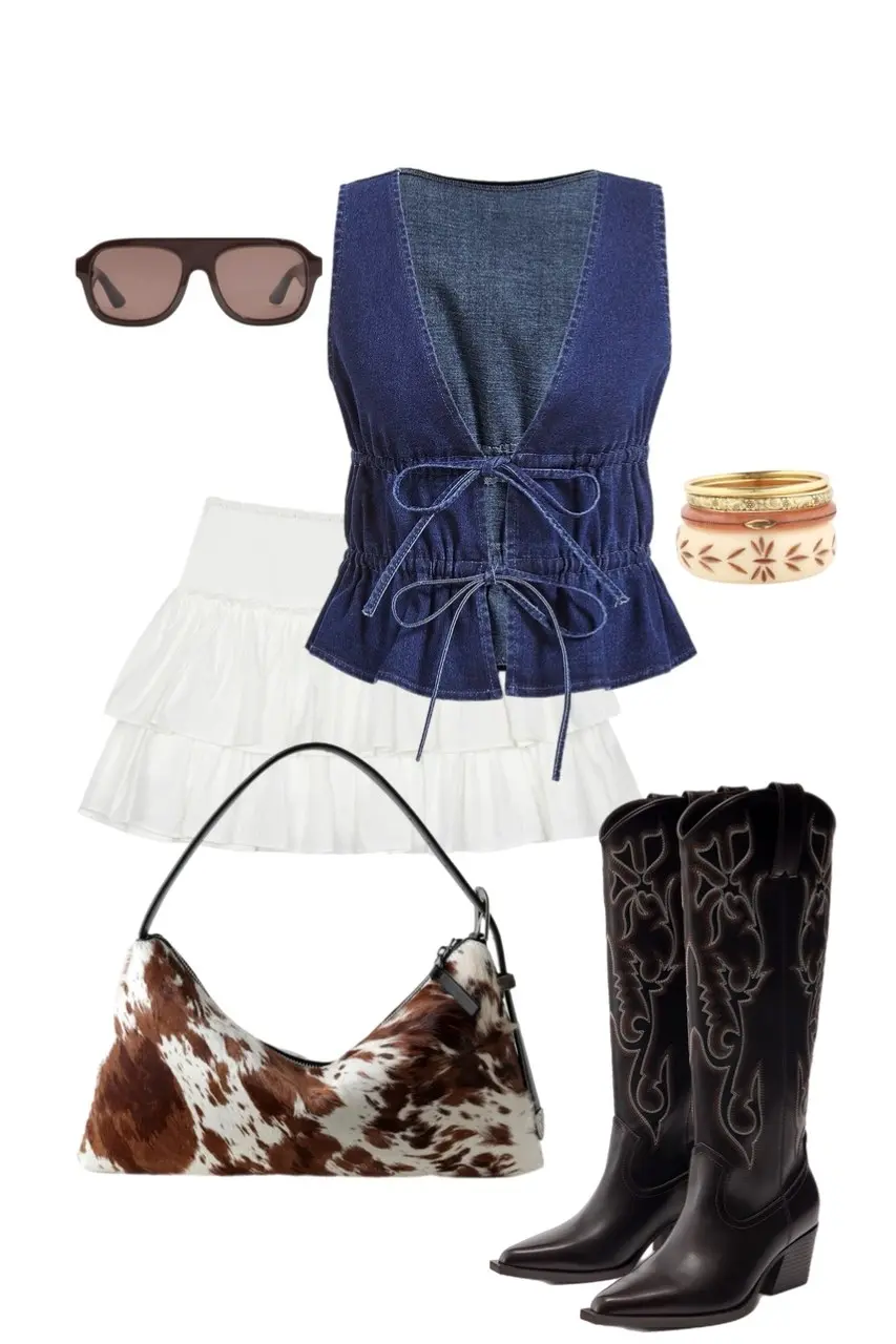 fitted denim drawstring peplum top white tiered ruffle mini skirt dark embroidered tall cowboy boots cow-print haircalf shoulder bag mixed gold bangle stack tortoiseshell brown-lens sunglasses country concert outfit 16