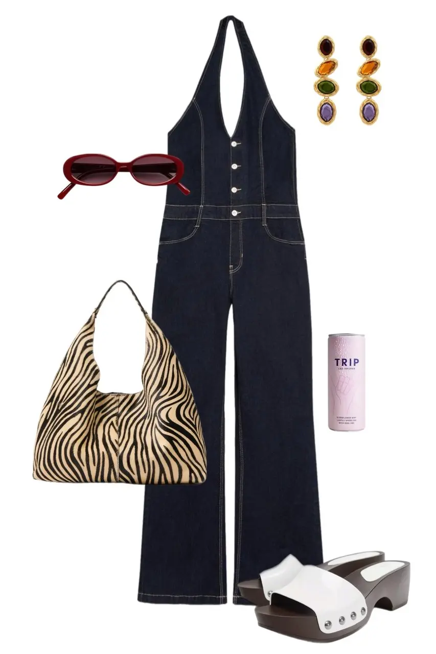 dark indigo denim halter-neck button-front jumpsuit white platform clogs with studs zebra-print soft hobo bag multi-stone garnet amber peridot amethyst drop earrings red oval sunglasses music festival outfit 17