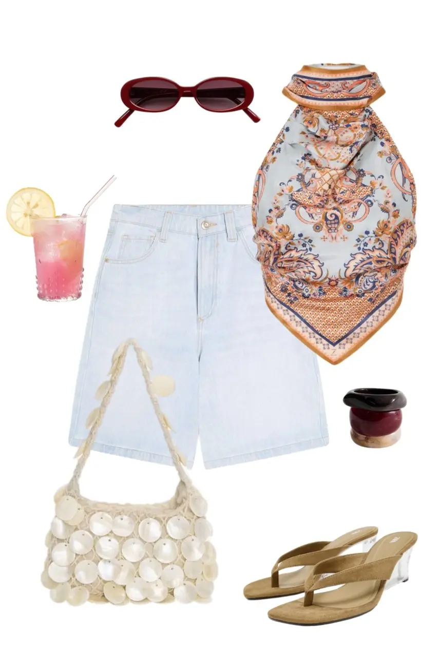 silk-feel printed paisley bandana scarf top pale light-wash bermuda denim shorts shell-disc crochet bag clear-heel wedge thong sandals red oval sunglasses stacked resin bangle music festival outfit 19