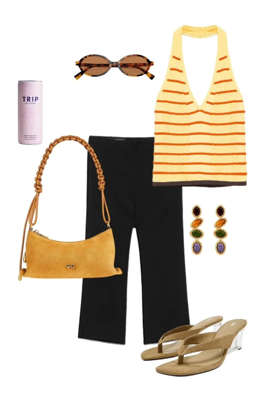 yellow orange striped knit halter top cropped black flare trousers camel suede shoulder bag multi-stone jewel drop earrings tortoiseshell small oval sunglasses tan suede clear-heel wedge thong sandals music festival outfit 20
