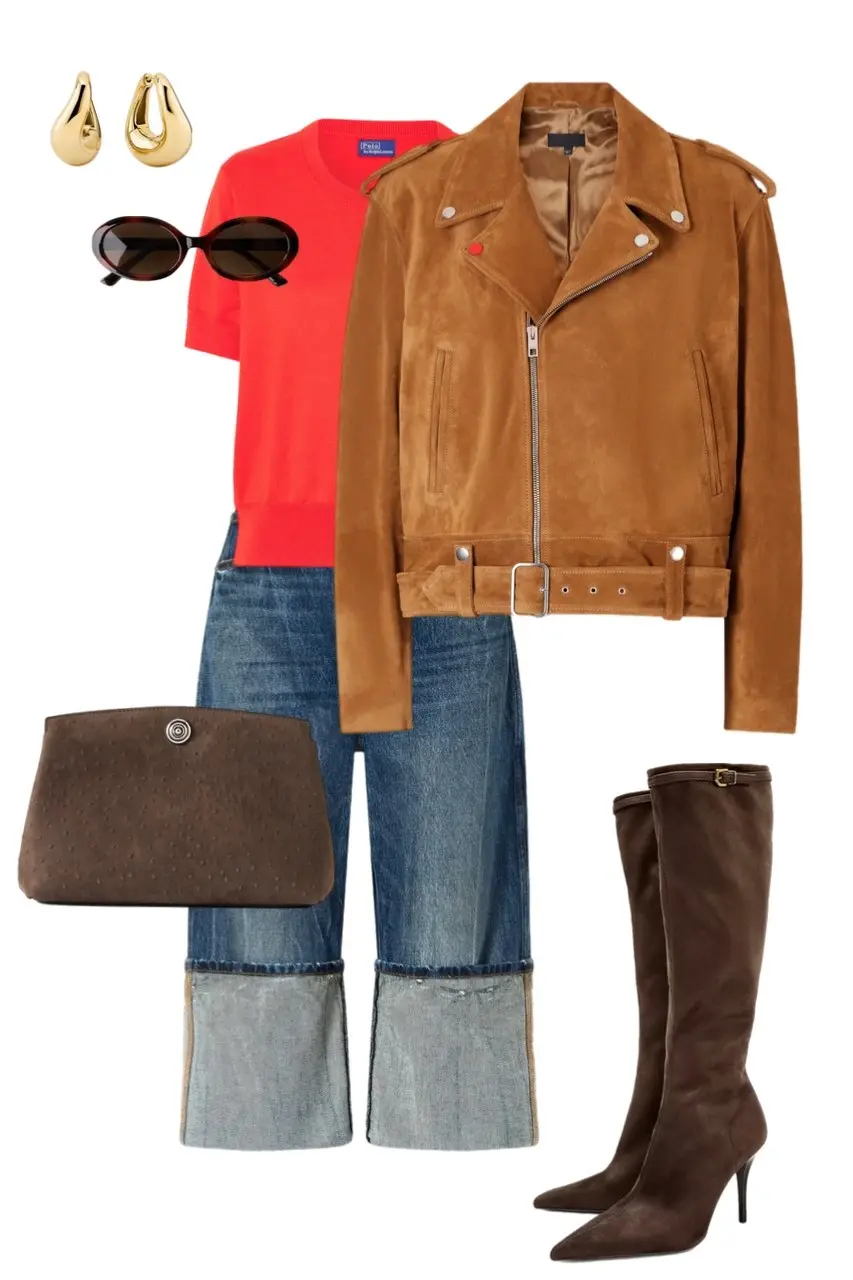 camel suede moto jacket red knit top cuffed wide leg jeans brown over the knee boots tortoiseshell sunglasses gold earrings dark brown clutch bag outfit 1