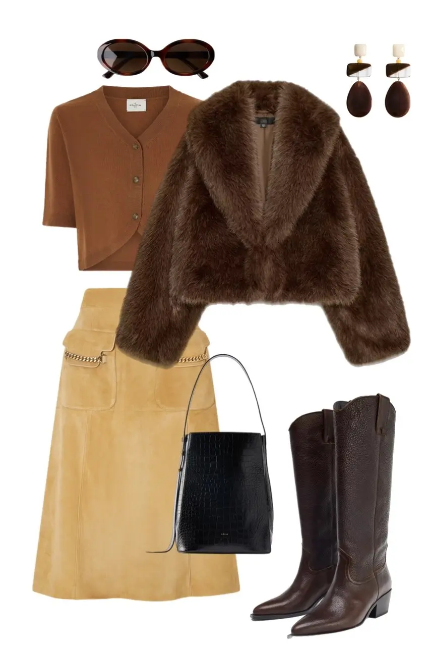 camel short sleeve cardigan brown faux fur cropped jacket butter yellow suede midi skirt dark brown western boots black croc bucket bag tortoiseshell sunglasses resin drop earrings outfit 2