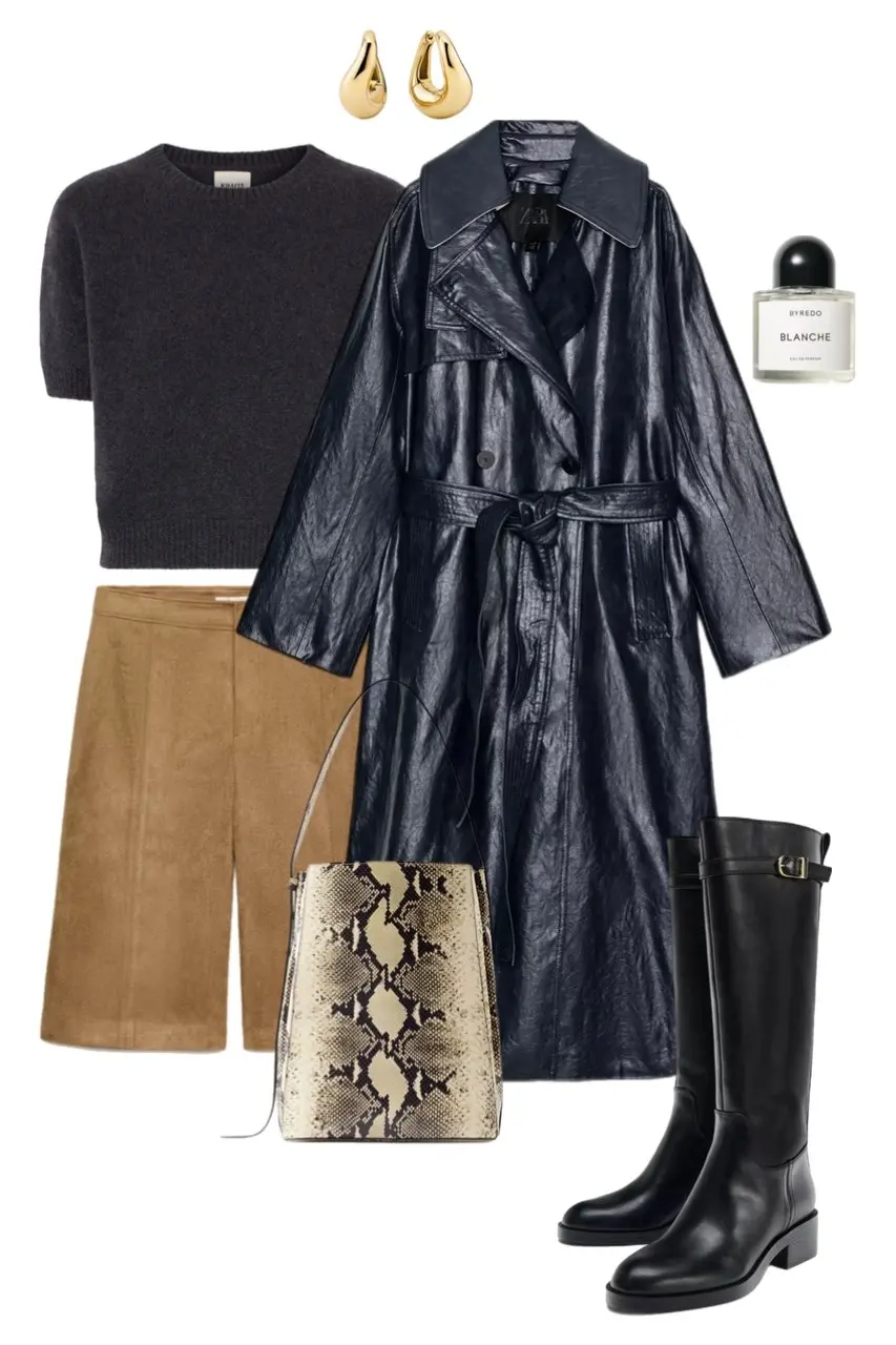 navy vinyl trench coat charcoal short sleeve knit camel suede midi skirt black riding boots python print bucket bag gold teardrop earrings outfit 4