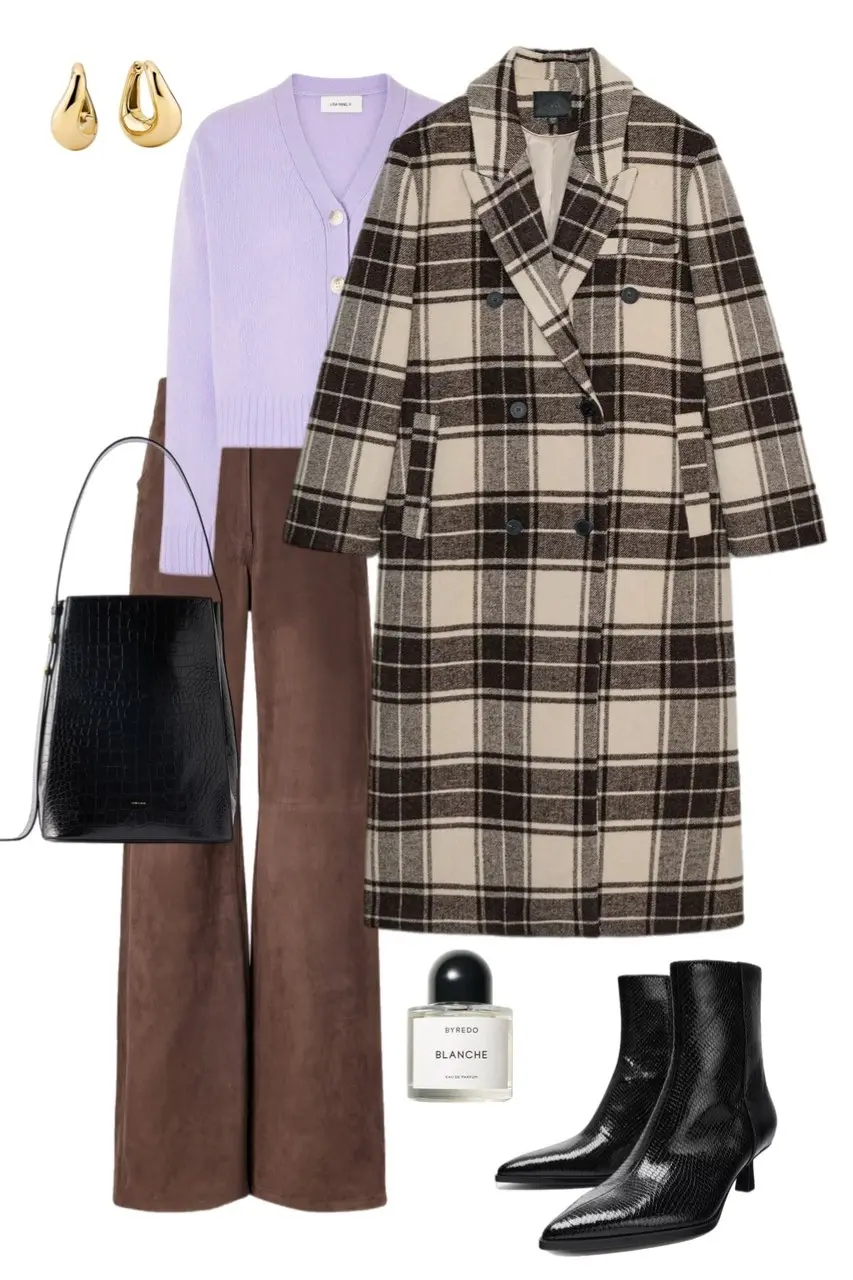 lavender V-neck cardigan plaid cream brown overcoat brown suede wide leg trousers black croc tote bag black kitten heel ankle boots gold teardrop earrings outfit 5