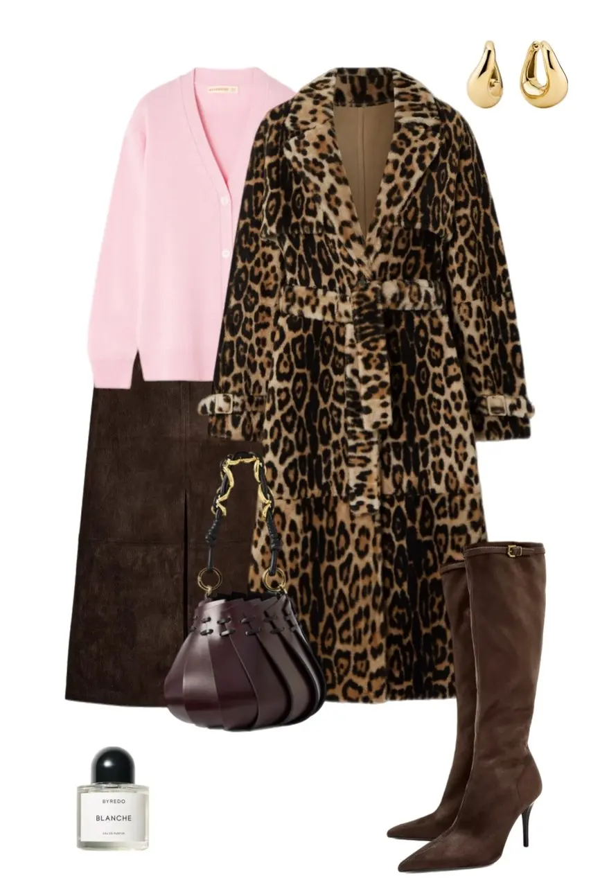dusty pink oversized cardigan leopard print faux fur long coat dark chocolate suede midi skirt brown suede over the knee heeled boots burgundy bucket bag gold teardrop earrings outfit 7