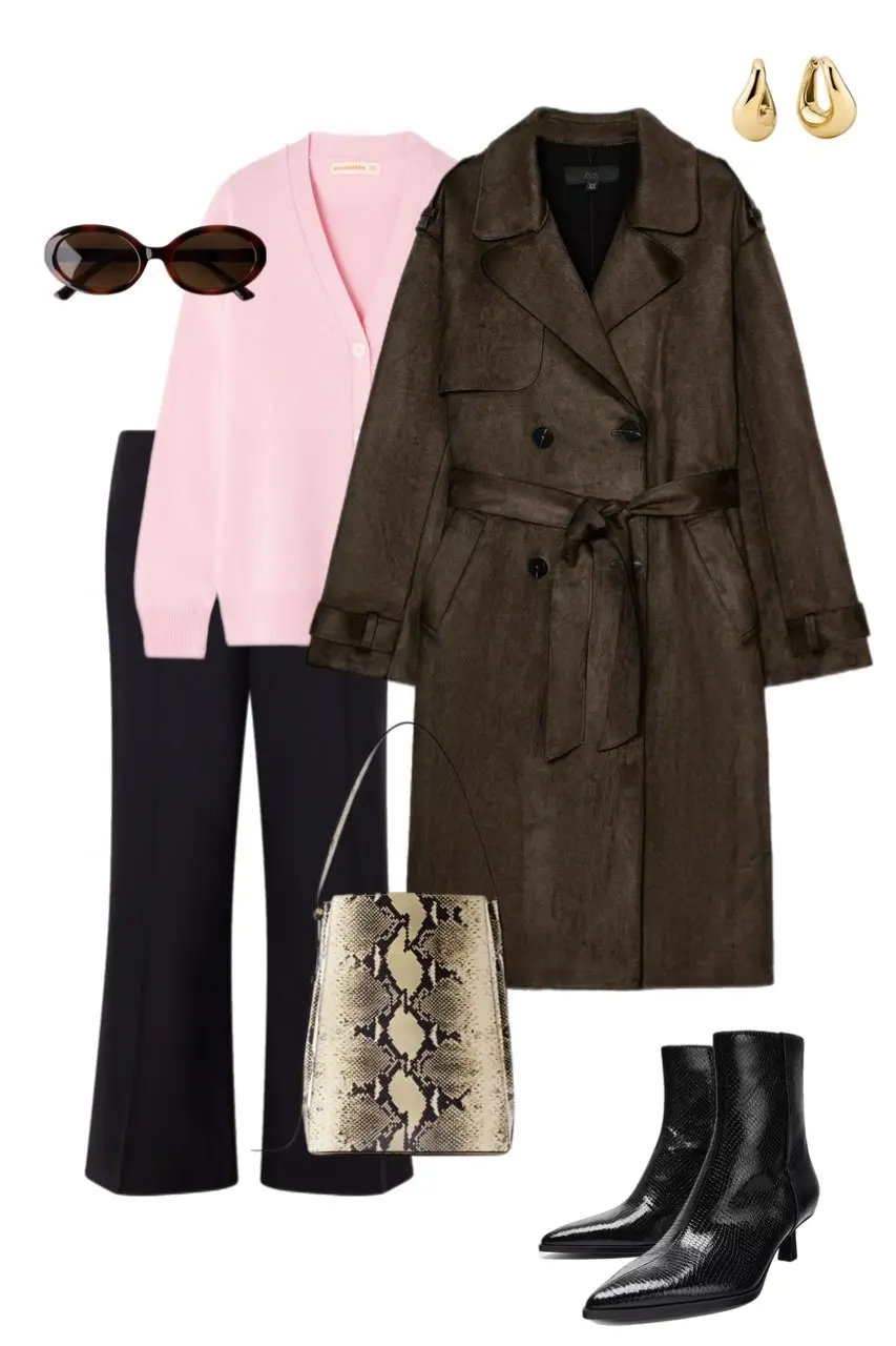 dusty pink cardigan dark olive brown suede trench coat wide leg black trousers python print bucket bag black croc kitten heel ankle boots tortoiseshell sunglasses gold teardrop earrings outfit 8