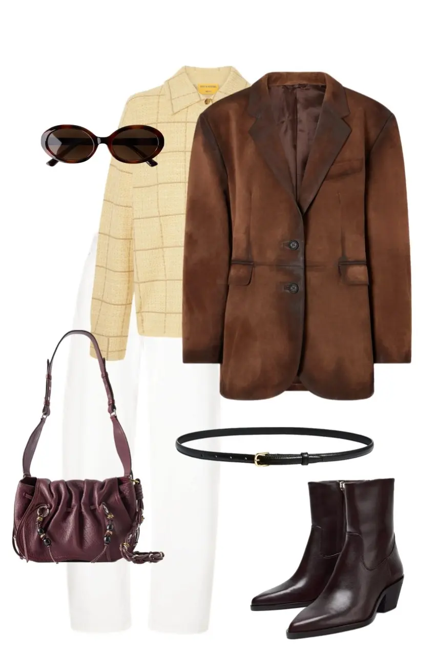chocolate brown suede oversized blazer cream windowpane check jacket white wide leg trousers dark burgundy western ankle boots burgundy ruched leather shoulder bag thin black belt tortoiseshell sunglasses outfit 10