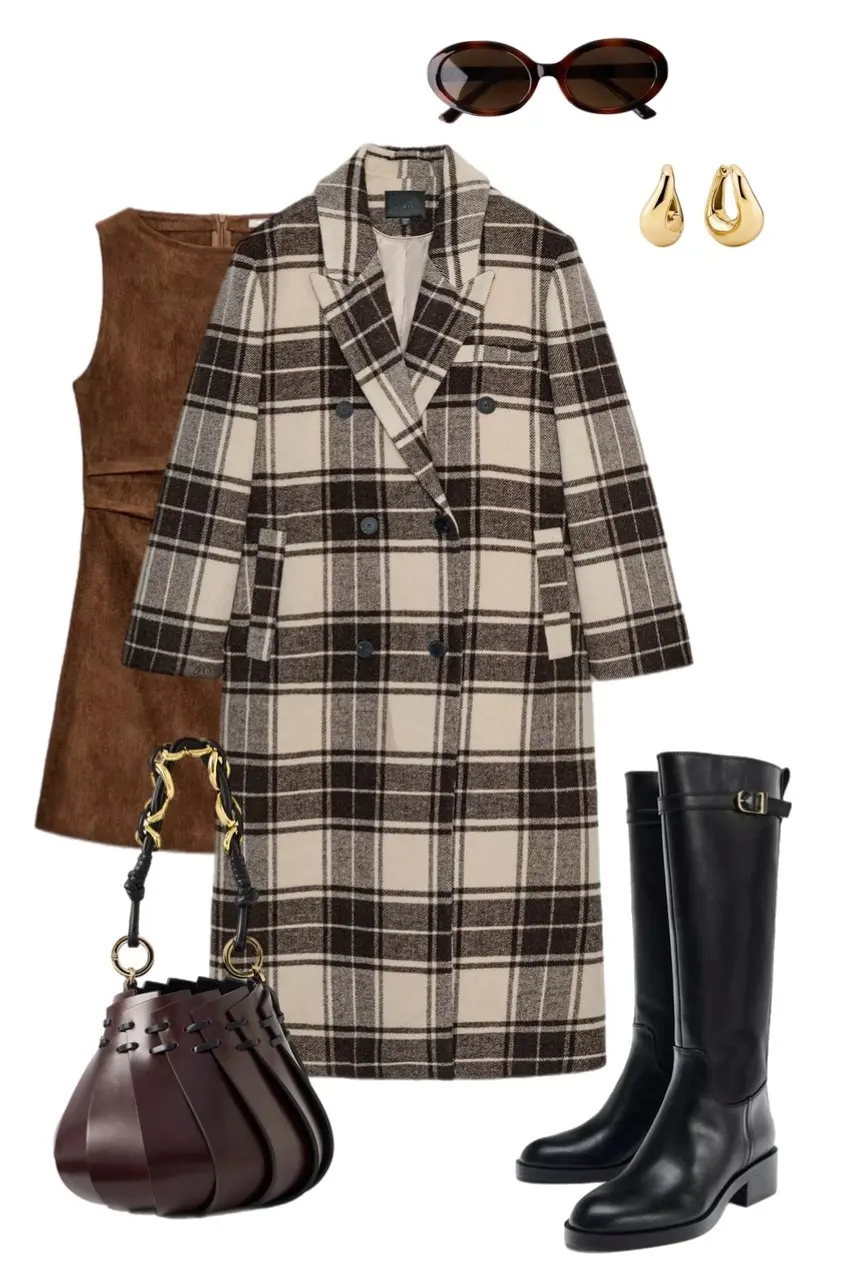 caramel suede sleeveless mini dress cream chocolate plaid overcoat black riding boots dark burgundy sculptural bucket bag tortoiseshell sunglasses gold teardrop earrings outfit 11