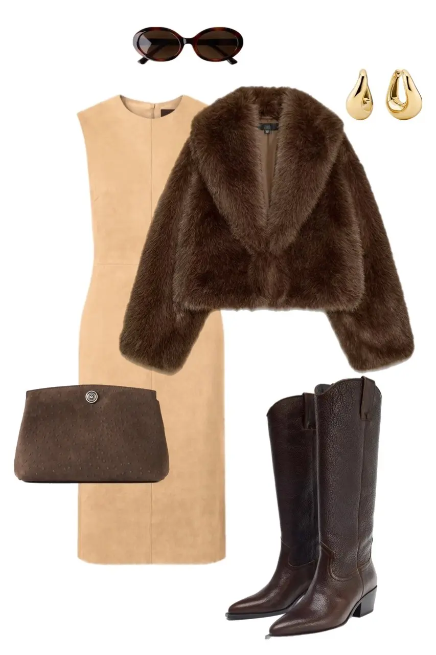 camel suede sleeveless midi dress dark chocolate faux fur cropped jacket dark brown western cowboy boots dark chocolate ostrich texture clutch tortoiseshell sunglasses gold teardrop earrings outfit 13