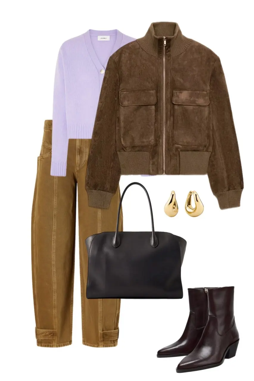lavender V-neck cardigan dark olive brown suede bomber jacket caramel wide leg utility trousers black leather tote bag dark oxblood western ankle boots gold teardrop earrings outfit 14