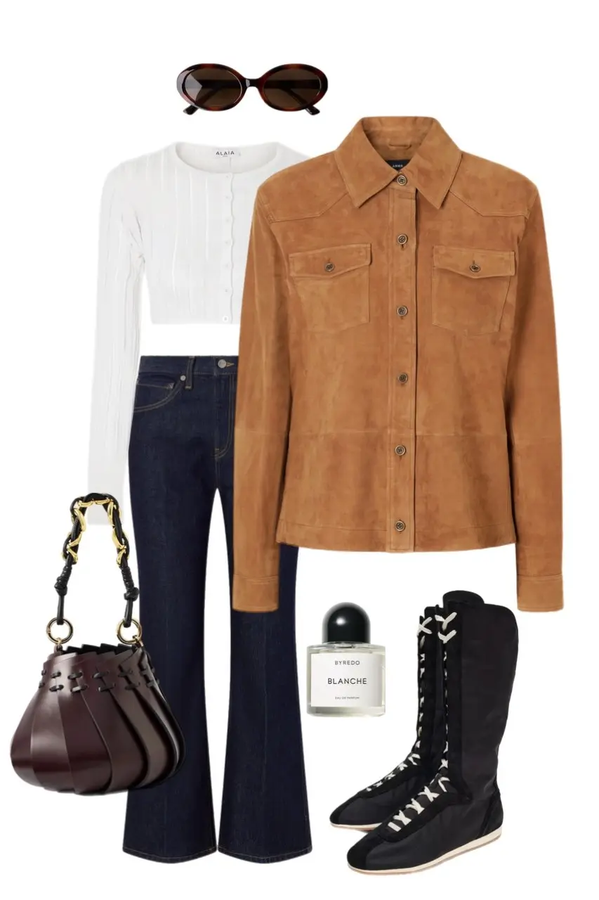 white ribbed crop long sleeve cardigan camel suede western shirt jacket dark indigo flare jeans black lace up tall flat boots burgundy sculptural bucket bag tortoiseshell sunglasses outfit 16