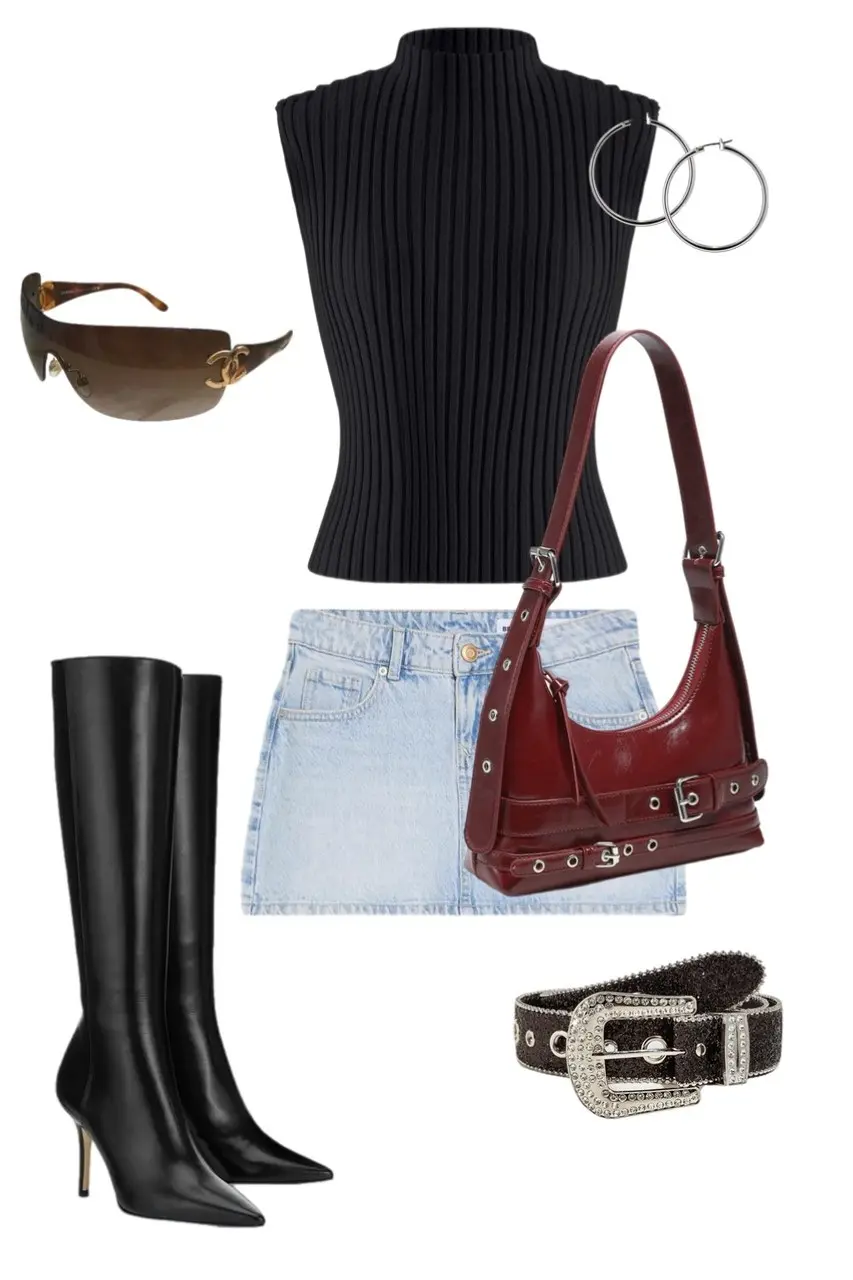 Y2K outfit flat lay with black sleeveless ribbed turtleneck, bleached denim micro skirt, black knee-high stiletto boots, burgundy grommet shoulder bag, tortoiseshell Chanel shield sunglasses, rhinestone western belt, and silver hoop earrings, outfit 2
