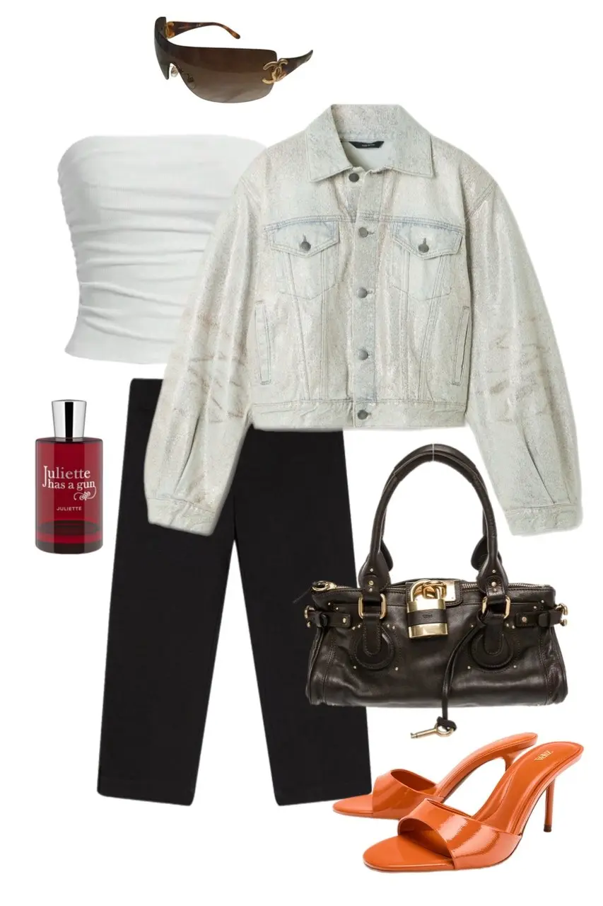 Y2K outfit flat lay with white ruched strapless top, black wide-leg trousers, acid-wash cropped denim jacket, orange patent mule heels, dark brown Chloe Paddington bag, tortoiseshell Chanel shield sunglasses, and Juliette Has a Gun perfume, outfit 4