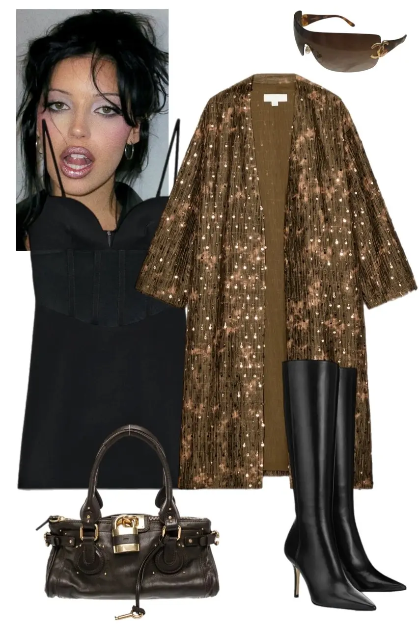 Y2K outfit flat lay with black bustier mini dress, long bronze-brown sequin coat, black knee-high stiletto boots, dark brown Chloe Paddington bag, and tortoiseshell Chanel shield sunglasses, outfit 5