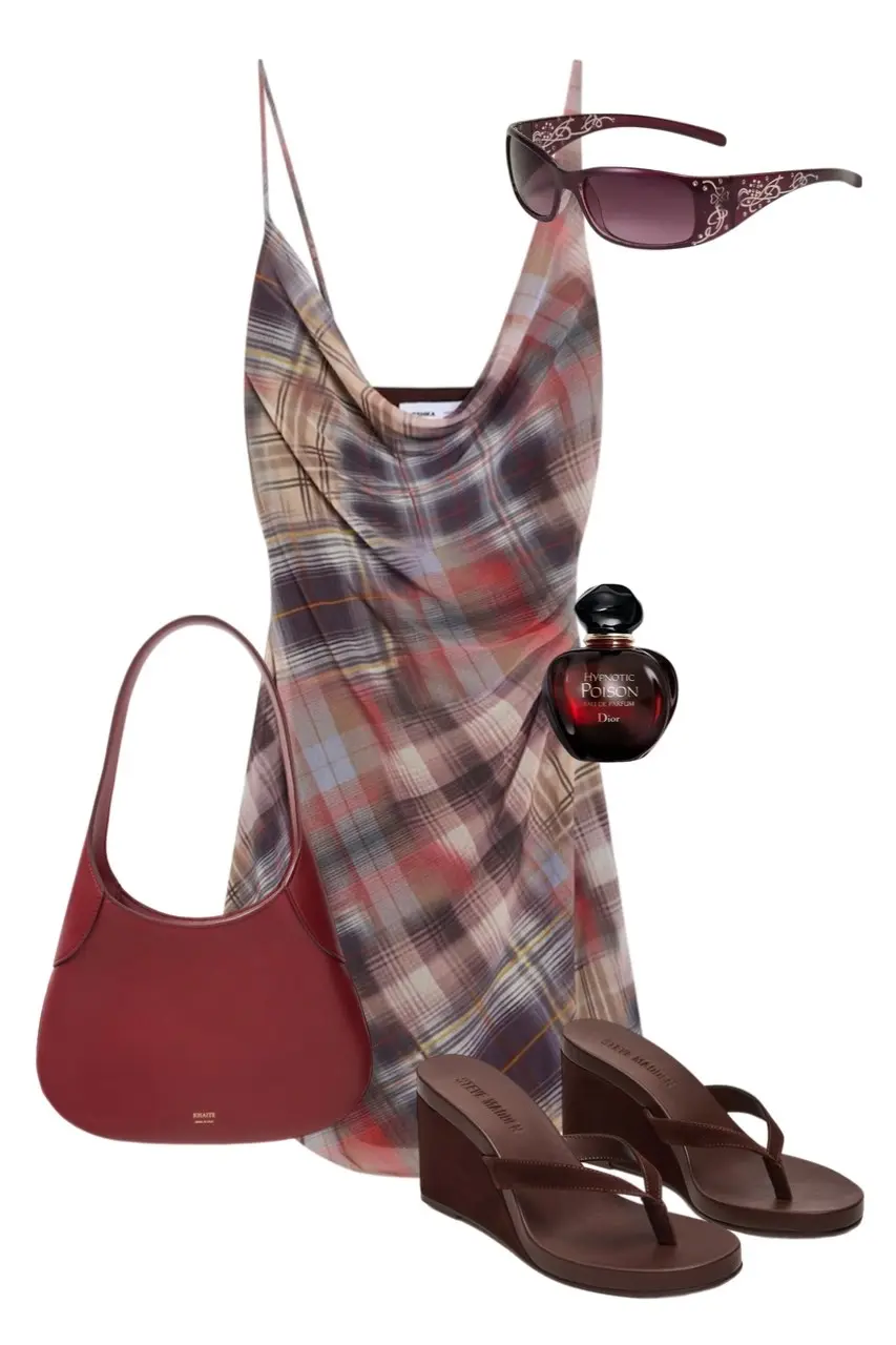 Y2K outfit flat lay with plaid cowl-neck slip dress in beige red blue and brown, burgundy floral-engraved wrap sunglasses, brown wedge flip-flops, red mini shoulder bag, and Dior Hypnotic Poison perfume, outfit 7