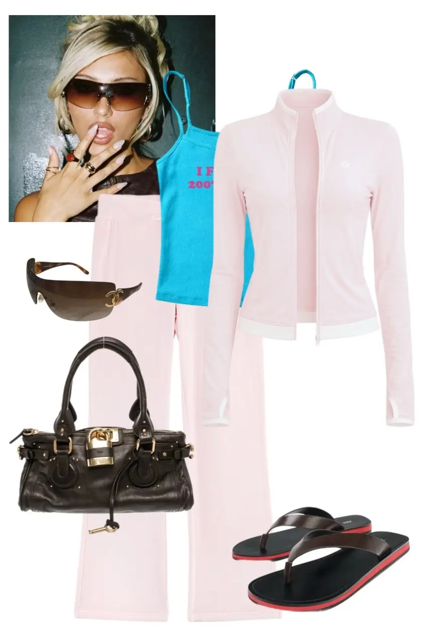 Y2K outfit flat lay with baby pink velour zip tracksuit jacket and matching wide-leg pants, turquoise graphic slinky cami top, dark brown Chloe Paddington bag, tortoiseshell Chanel shield sunglasses, and dark brown DKNY flip-flops with red sole, outfit 8