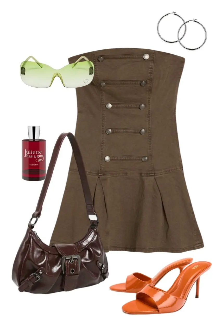 Y2K outfit flat lay with olive khaki strapless double-breasted button mini dress, green ombre shield sunglasses, orange patent mule heels, dark brown grommet shoulder bag, silver hoop earrings, and Juliette Has a Gun perfume, outfit 10
