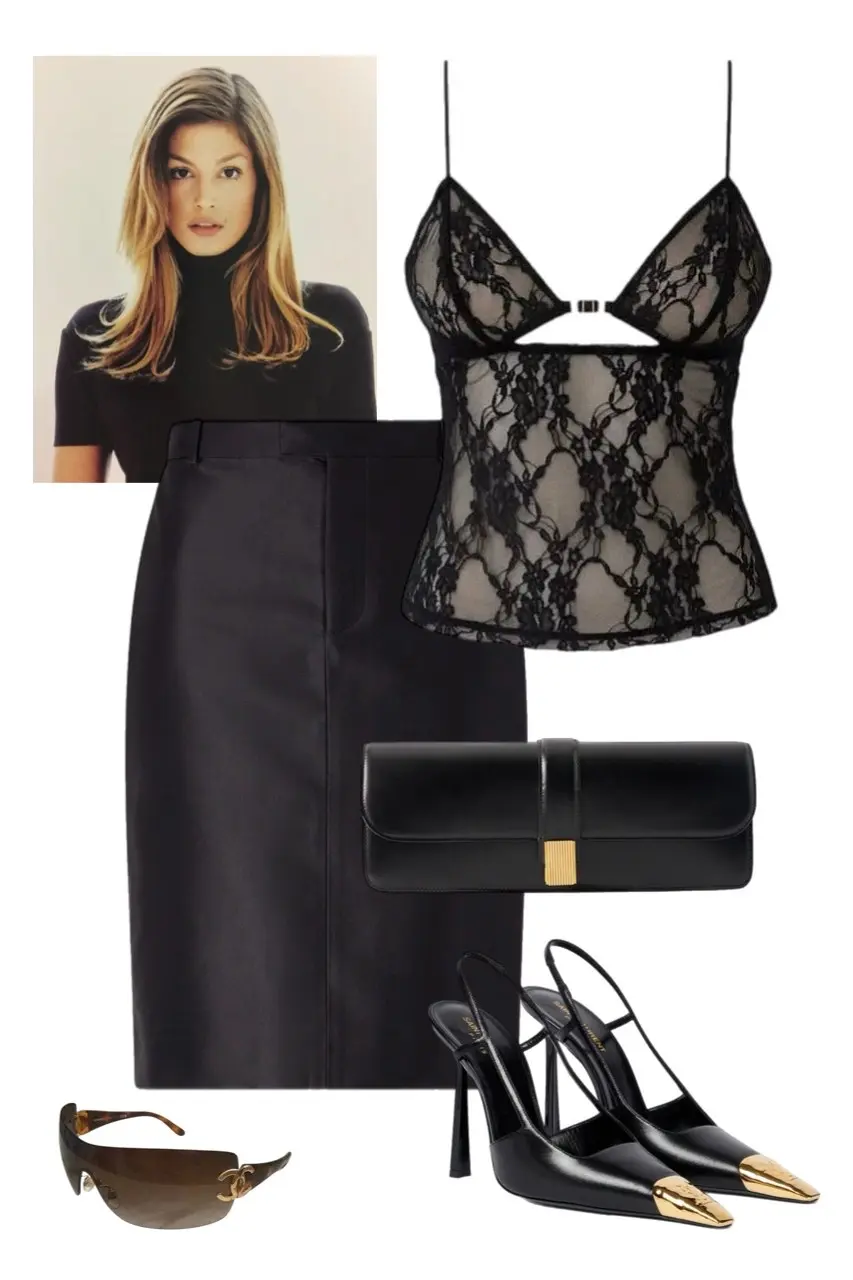 Y2K outfit flat lay with black floral lace bustier top, black satin midi pencil skirt, black gold-tipped slingback heels, black leather clutch with gold hardware, and tortoiseshell Chanel shield sunglasses, with 90s model reference image, outfit 11