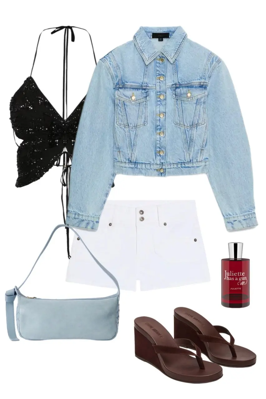 Y2K outfit flat lay with black sequin tie-front halter top, light-wash cropped denim jacket, white button-fly denim shorts, chocolate wedge flip-flops, sky-blue baguette shoulder bag, and Juliette Has a Gun perfume, outfit 13